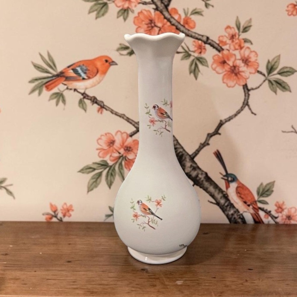 Bird & Floral Design Bud Vase, Vintage Ceramic Flower Holder, Hand Painted Decor